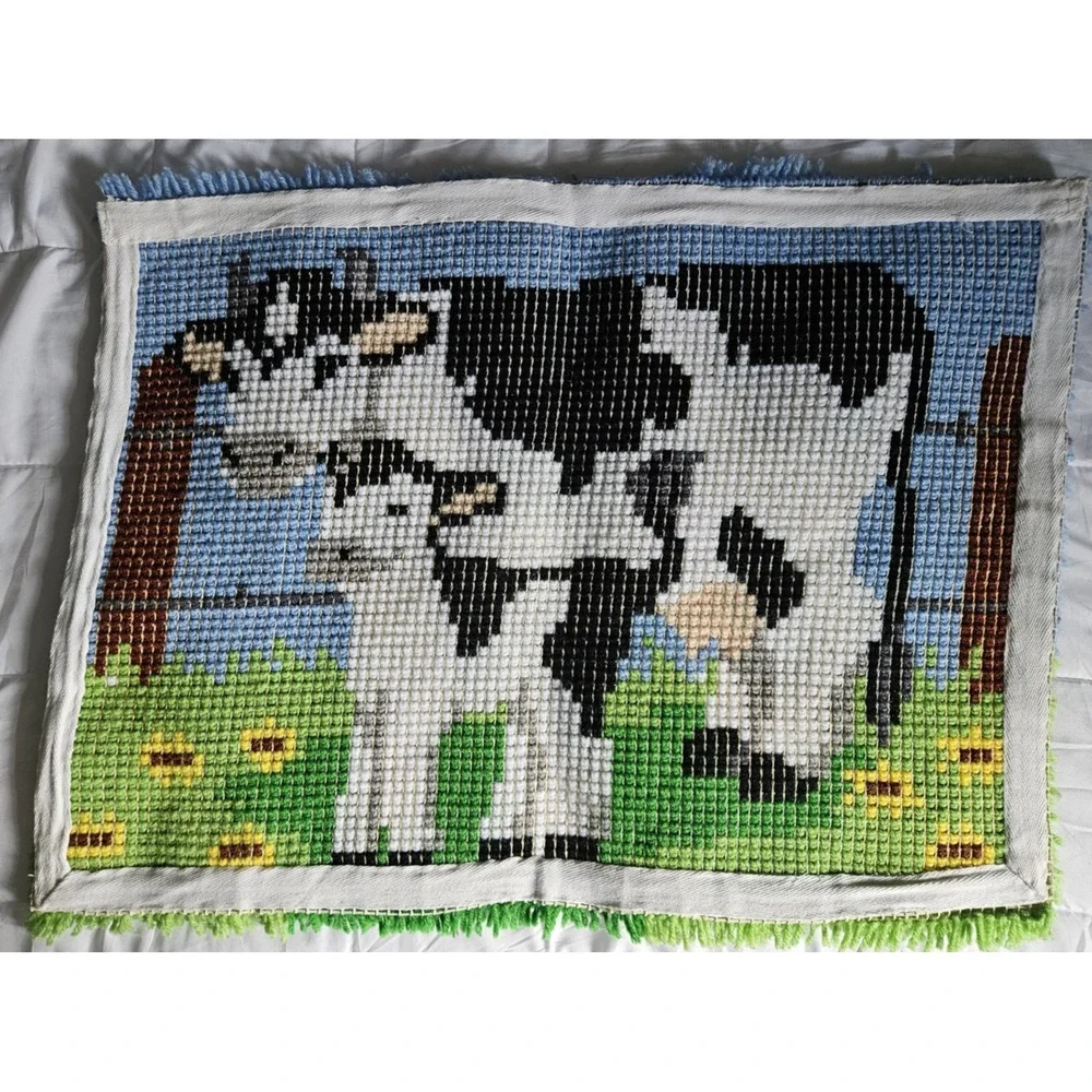 Vintage Latch Hook Cow Rug Mom Baby 27
